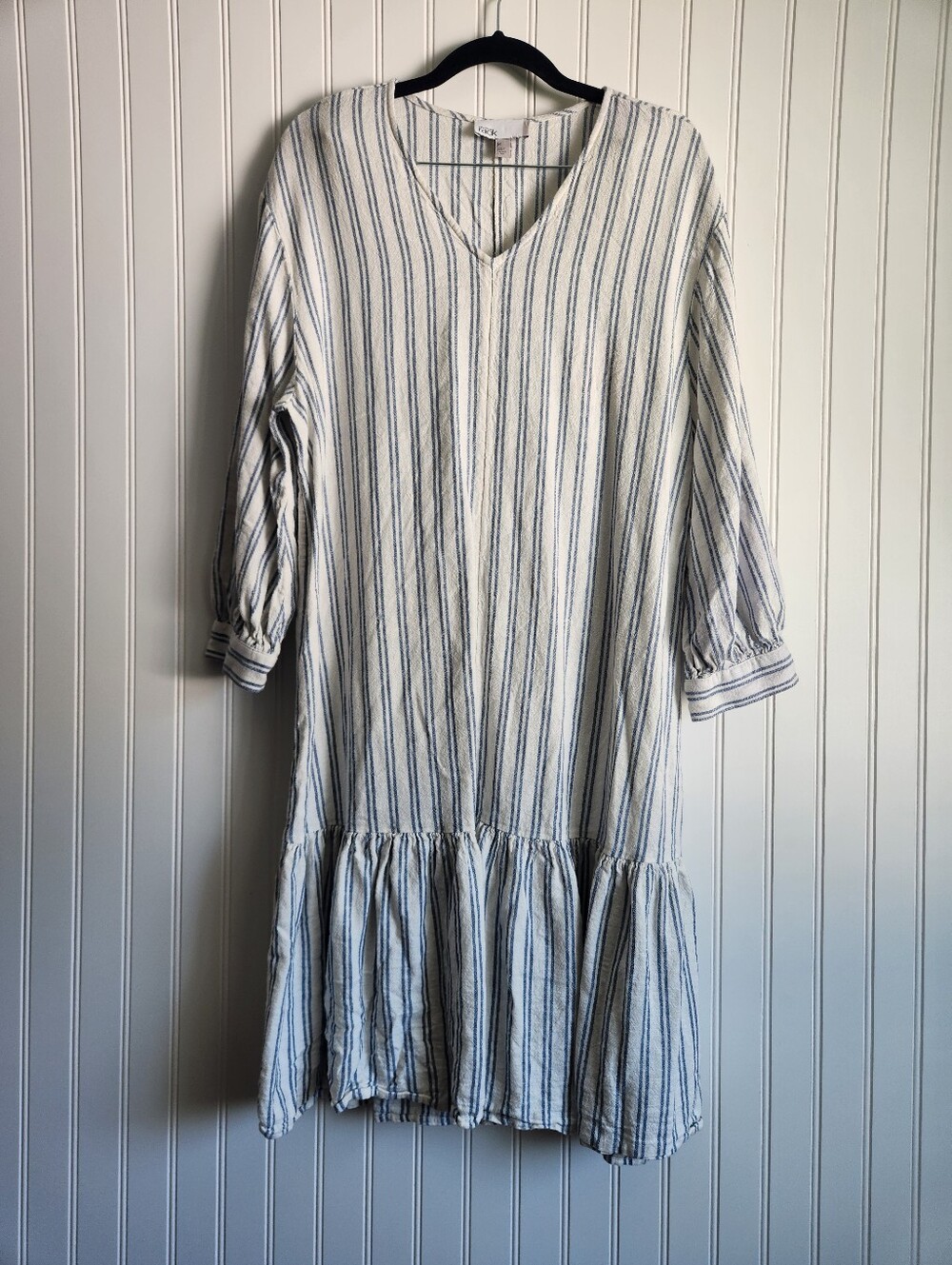 NORDSTROM RACK Cream Blue Stripes Linen Blend Cottagecore Knee Length Dress M